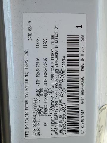 5TFRX5GN5KX145594 - 2019 TOYOTA TACOMA ACCESS CAB თეთრი ფოტო 12