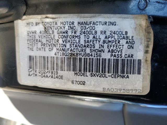 4T1BG22K8YU984156 - 2000 TOYOTA CAMRY CE BLACK photo 12