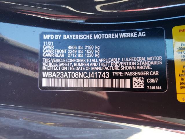 WBA23AT08NCJ41743 - 2022 BMW 430I GRAY photo 12