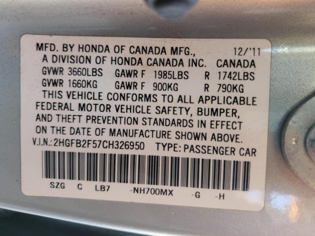 2HGFB2F57CH326950 - 2012 HONDA CIVIC LX SILVER photo 12