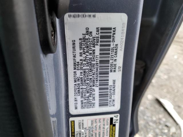 2T1KR32E94C281171 - 2004 TOYOTA COROLLA MA XR BLUE photo 12