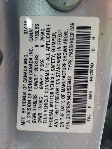 2HGFB2F54EH536943 - 2014 HONDA CIVIC LX SILVER photo 12