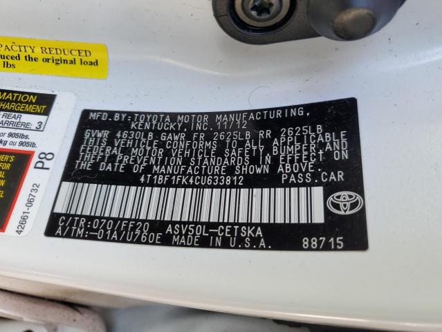 4T1BF1FK4CU633812 - 2012 TOYOTA CAMRY BASE WHITE photo 12