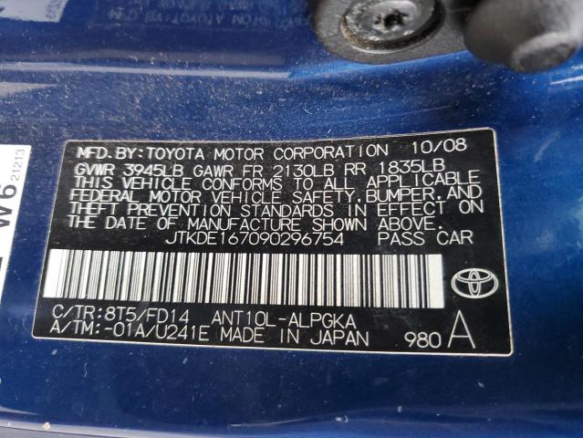 JTKDE167090296754 - 2009 TOYOTA SCION TC BLUE photo 12