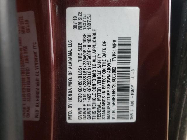 5FNRL6H72LB002082 - 2020 HONDA ODYSSEY EXL BURGUNDY photo 13