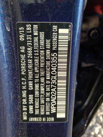 WP0AD2A73GL040355 - 2016 PORSCHE PANAMERA SE HYBRID BLUE photo 12