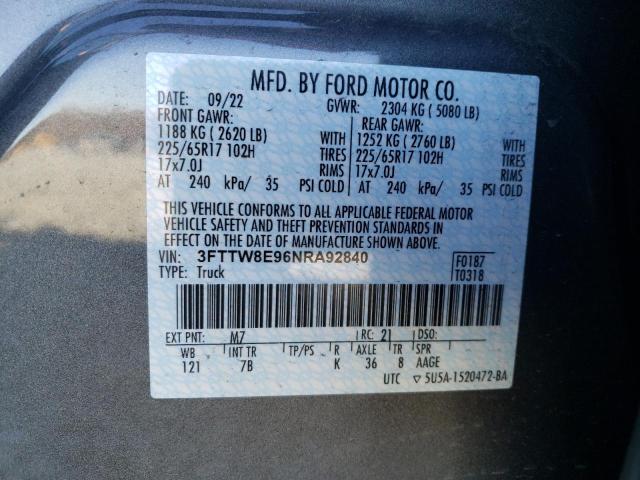 3FTTW8E96NRA92840 - 2022 FORD MAVERICK XL GRAY photo 12