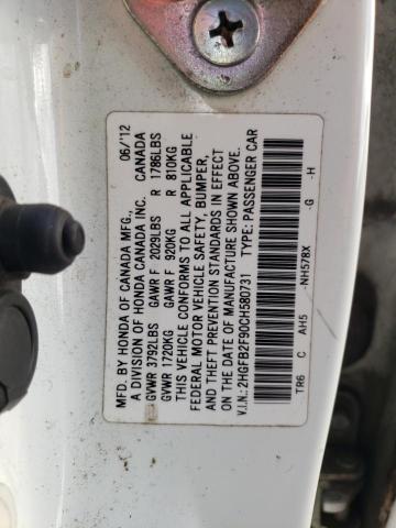 2HGFB2F90CH580731 - 2012 HONDA CIVIC EXL WHITE photo 12