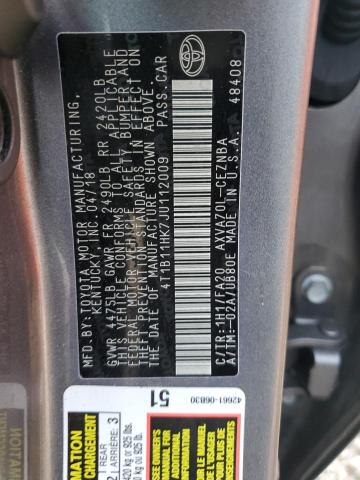 4T1B11HK7JU112009 - 2018 TOYOTA CAMRY L GRAY photo 12