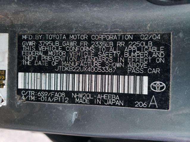 JTDKB22UX40053387 - 2004 TOYOTA PRIUS GRAY photo 12