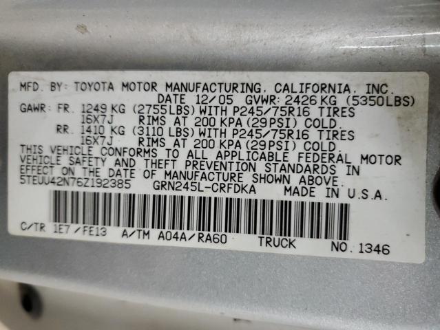 5TEUU42N76Z192385 - 2006 TOYOTA TACOMA ACCESS CAB Күміс фото 12