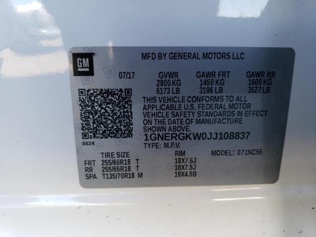 1GNERGKW0JJ108837 - 2018 CHEVROLET TRAVERSE LT WHITE photo 12