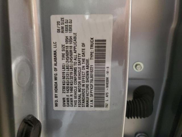 5FPYK3F76LB016221 - 2020 HONDA RIDGELINE RTL SILVER photo 12