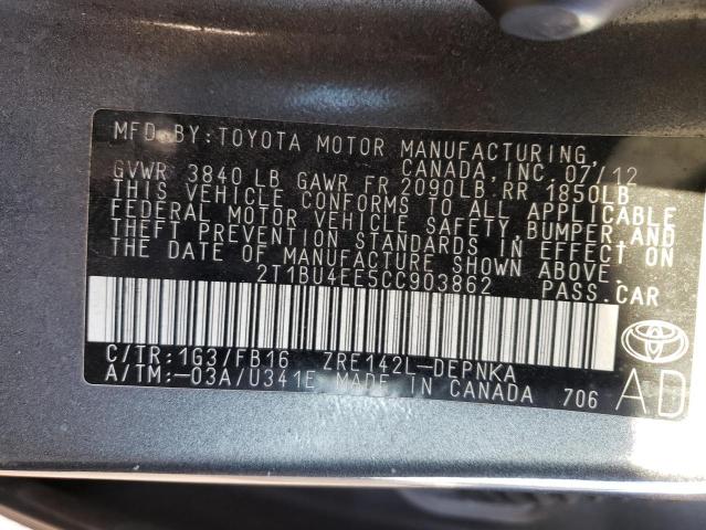 2T1BU4EE5CC903862 - 2012 TOYOTA COROLLA BASE GRAY photo 12