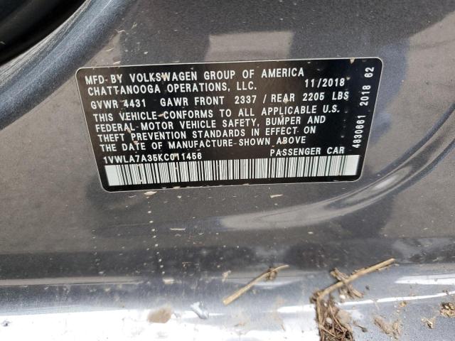 1VWLA7A35KC011456 - 2019 VOLKSWAGEN PASSAT WOLFSBURG GRAY photo 12