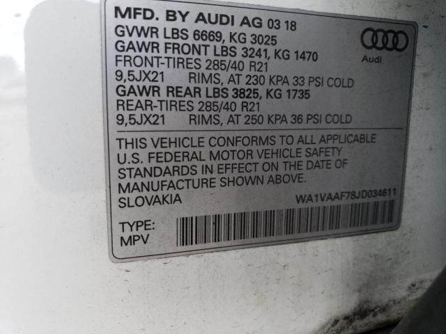WA1VAAF78JD034611 - 2018 AUDI Q7 PRESTIGE WHITE photo 10