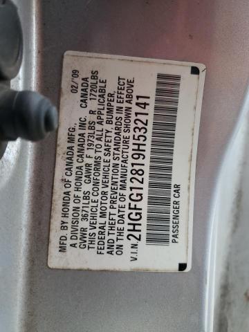 2HGFG12819H532141 - 2009 HONDA CIVIC EX SILVER photo 12