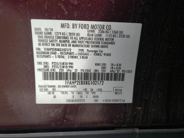 1FAHP2E8XKG102172 - 2019 FORD TAURUS SEL PURPLE photo 13