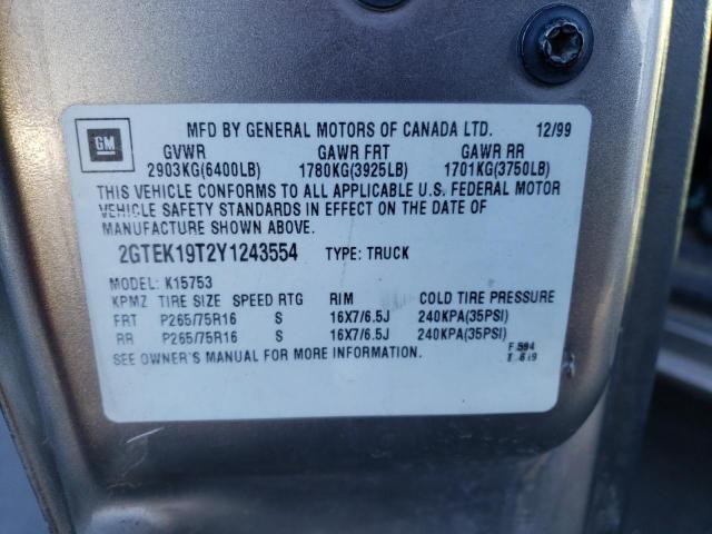 2GTEK19T2Y1243554 - 2000 GMC NEW SIERRA K1500 GRAY photo 12