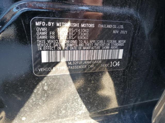 ML32FUFJ4NHF02006 - 2022 MITSUBISHI MIRAGE G4 ES შავი ფოტო 12