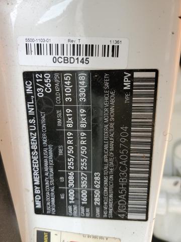 4JGDA5HB3CA057904 - 2012 MERCEDES-BENZ ML 350 4MATIC WHITE photo 12