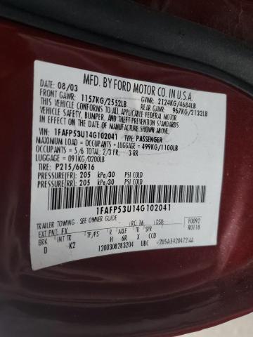 1FAFP53U14G102041 - 2004 FORD TAURUS SE MAROON photo 12