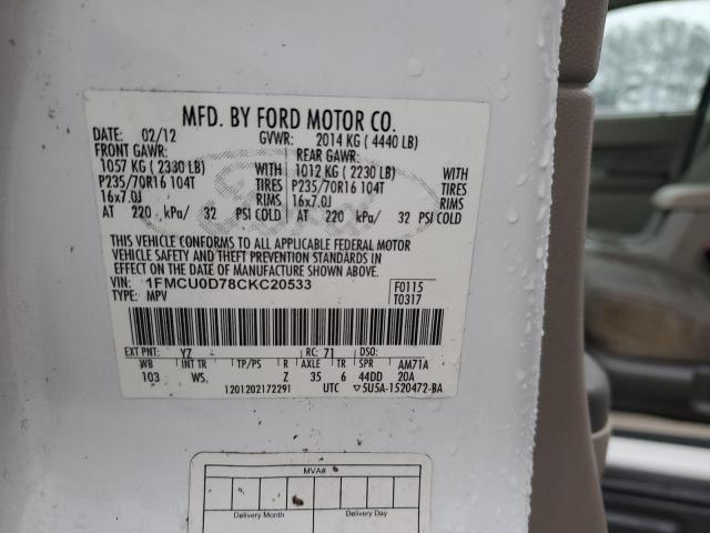 1FMCU0D78CKC20533 - 2012 FORD ESCAPE XLT WHITE photo 13