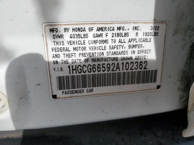 1HGCG66592A102362 - 2002 HONDA ACCORD LX WHITE photo 12