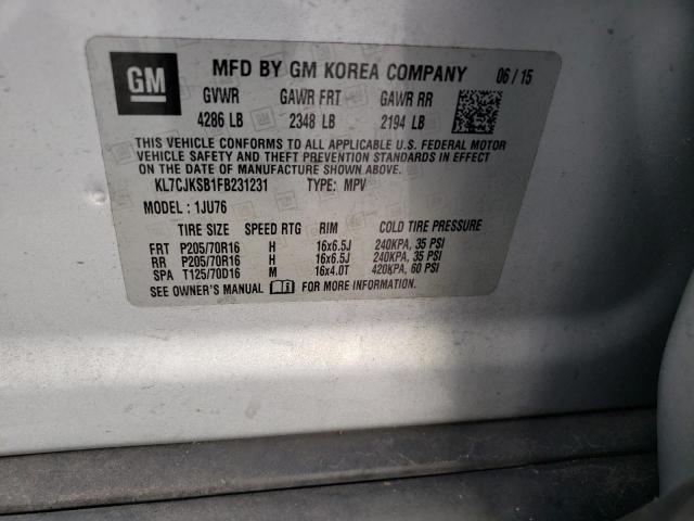 KL7CJKSB1FB231231 - 2015 CHEVROLET TRAX LS SILVER photo 13