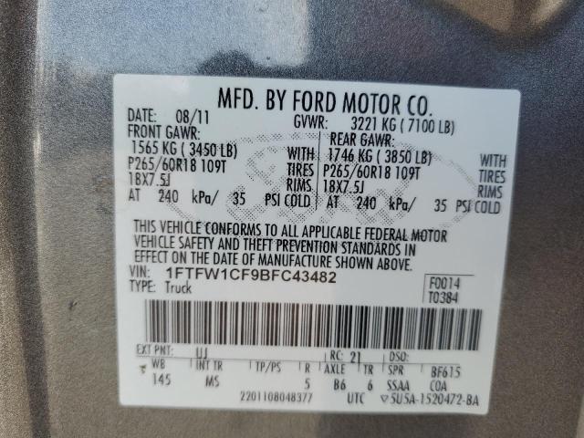 1FTFW1CF9BFC43482 - 2011 FORD F150 SUPERCREW GRAY photo 12