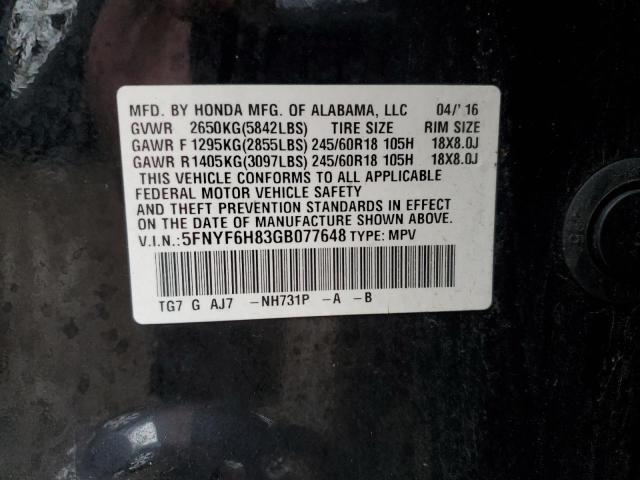 5FNYF6H83GB077648 - 2016 HONDA PILOT EXL BLACK photo 12