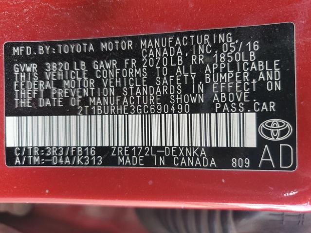 2T1BURHE3GC690490 - 2016 TOYOTA COROLLA L RED photo 12