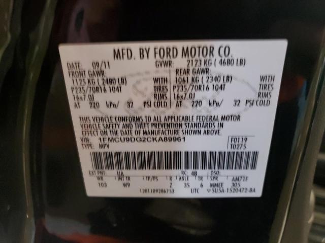 1FMCU9DG2CKA89961 - 2012 FORD ESCAPE XLT BLACK photo 12