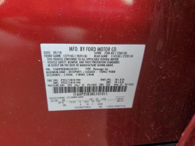 1FAHP2E83KG101011 - 2019 FORD TAURUS SEL RED photo 12