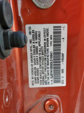 5J6YH18593L016941 - 2003 HONDA ELEMENT EX ORANGE photo 12