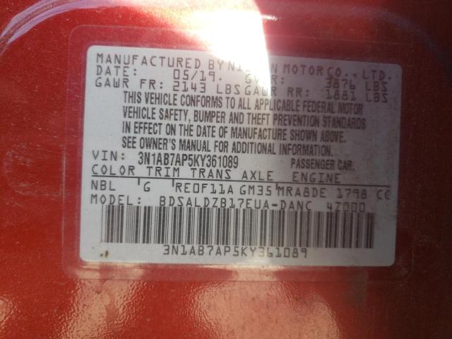 3N1AB7AP5KY361089 - 2019 NISSAN SENTRA S RED photo 13