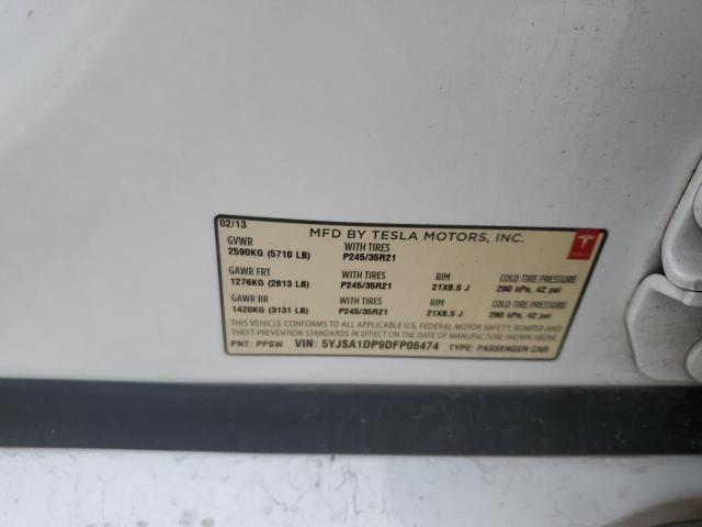 5YJSA1DP9DFP06474 - 2013 TESLA MODEL S თეთრი ფოტო 12