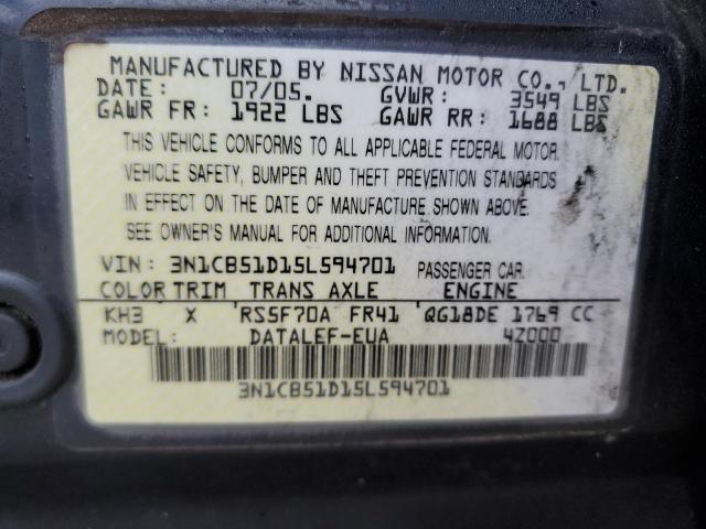 3N1CB51D15L594701 - 2005 NISSAN SENTRA 1.8 BLACK photo 12