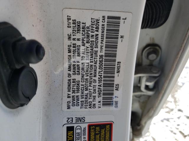 1HGFA16547L050636 - 2007 HONDA CIVIC LX WHITE photo 12