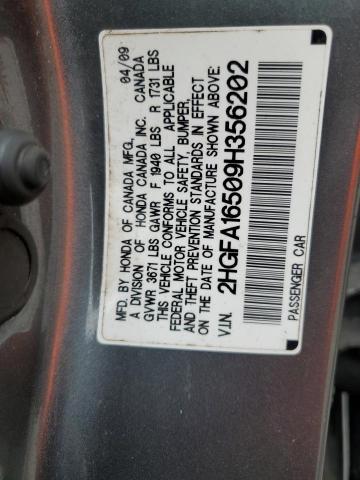 2HGFA16509H356202 - 2009 HONDA CIVIC LX GRAY photo 12