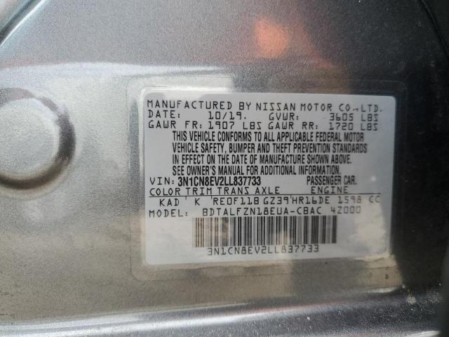 3N1CN8EV2LL837733 - 2020 NISSAN VERSA SV GRAY photo 12