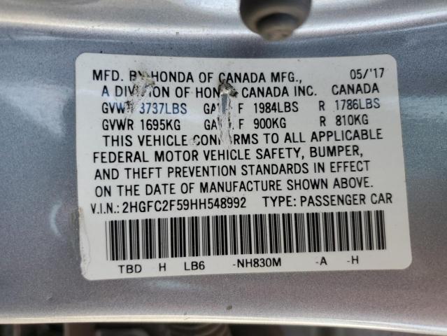 2HGFC2F59HH548992 - 2017 HONDA CIVIC LX SILVER photo 13