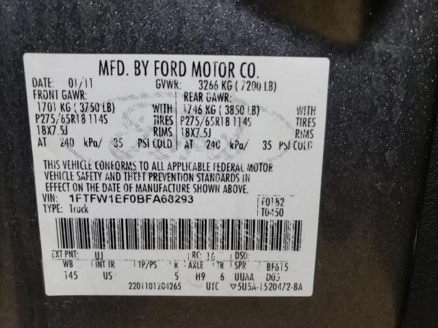 1FTFW1EF0BFA68293 - 2011 FORD F150 SUPERCREW GRAY photo 12