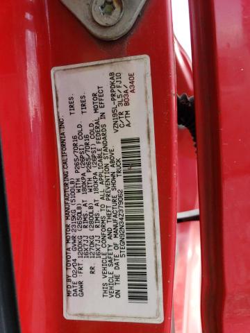 5TEGN92N34Z379062 - 2004 TOYOTA TACOMA DOUBLE CAB PRERUNNER RED photo 12