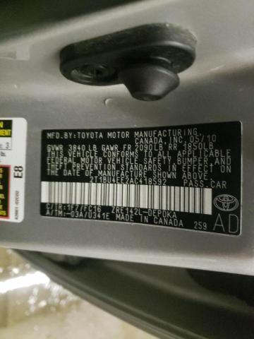 2T1BU4EE2AC418592 - 2010 TOYOTA COROLLA BASE SILVER photo 12