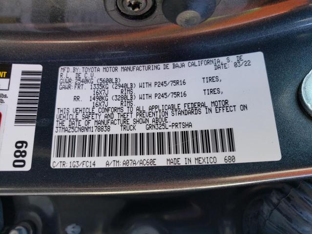 3TMAZ5CN8NM178838 - 2022 TOYOTA TACOMA DOUBLE CAB 石墨色 照片 12