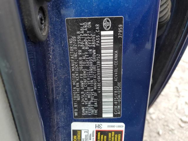 4T4BE46K99R138752 - 2009 TOYOTA CAMRY BASE BLUE photo 12