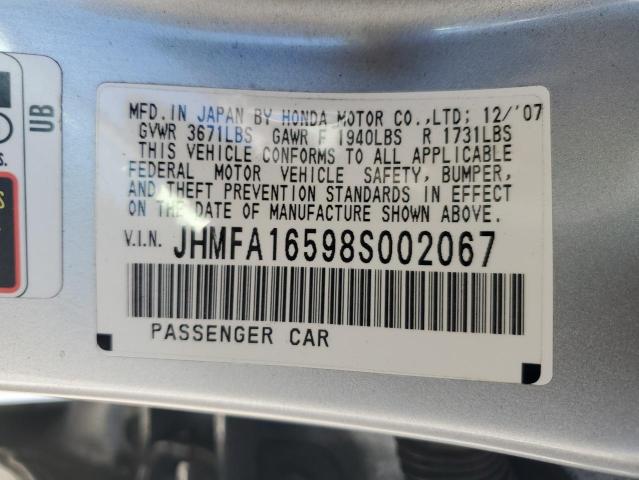 JHMFA16598S002067 - 2008 HONDA CIVIC LX SILVER photo 12