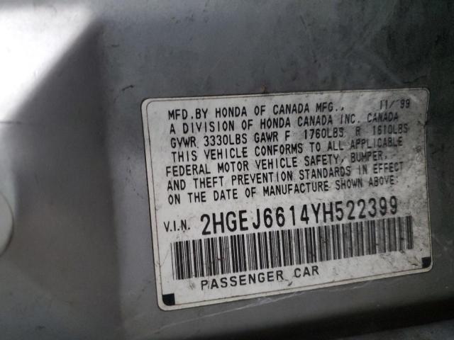 2HGEJ6614YH522399 - 2000 HONDA CIVIC BASE 银色 照片 12