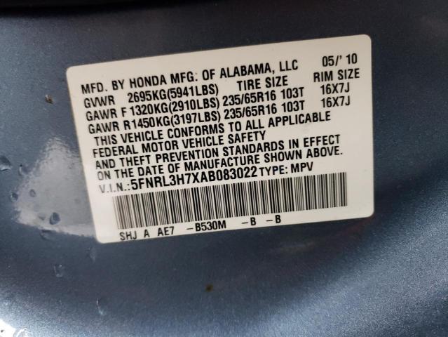 5FNRL3H7XAB083022 - 2010 HONDA ODYSSEY EXL BLUE photo 14